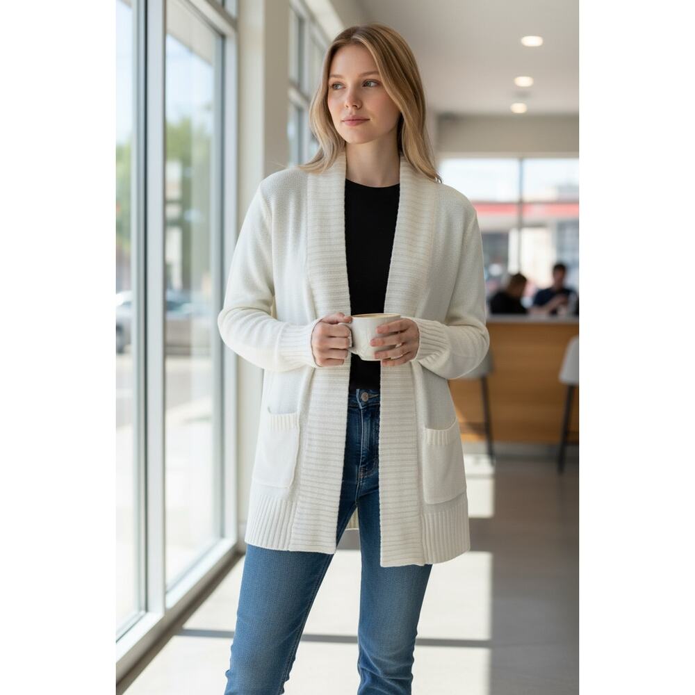 2/$30 AMBIANCE APPAREL Sweater Size M Cream Ivory Cardigan Knit Cozy